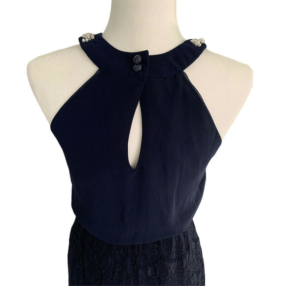 Blue Rain Womens Mini Dress Small Pearls Blue Beaded Lace Fit And Flare Halter - Picture 10 of 12